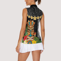 Hawaii Plumeria Lei Women Sleeveless Polo Shirt Tiki and Kakau Pattern Black Color LT03 - Polynesian Pride