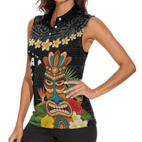 Hawaii Plumeria Lei Women Sleeveless Polo Shirt Tiki and Kakau Pattern Black Color LT03 - Polynesian Pride