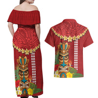 Hawaii Plumeria Lei Couples Matching Off Shoulder Maxi Dress and Hawaiian Shirt Tiki and Kakau Pattern Red Color LT03 - Polynesian Pride