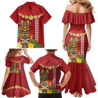 Hawaii Plumeria Lei Family Matching Mermaid Dress and Hawaiian Shirt Tiki and Kakau Pattern Red Color LT03 - Polynesian Pride