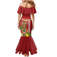 Hawaii Plumeria Lei Family Matching Mermaid Dress and Hawaiian Shirt Tiki and Kakau Pattern Red Color LT03 - Polynesian Pride