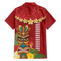 Hawaii Plumeria Lei Family Matching Off The Shoulder Long Sleeve Dress and Hawaiian Shirt Tiki and Kakau Pattern Red Color
