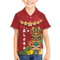Hawaii Plumeria Lei Family Matching Puletasi and Hawaiian Shirt Tiki and Kakau Pattern Red Color LT03 Son's Shirt Red - Polynesian Pride