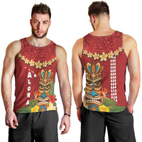 Hawaii Plumeria Lei Men Tank Top Tiki and Kakau Pattern Red Color