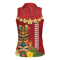 Hawaii Plumeria Lei Women Sleeveless Polo Shirt Tiki and Kakau Pattern Red Color LT03 - Polynesian Pride