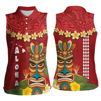 Hawaii Plumeria Lei Women Sleeveless Polo Shirt Tiki and Kakau Pattern Red Color LT03 - Polynesian Pride