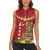 Hawaii Plumeria Lei Women Sleeveless Polo Shirt Tiki and Kakau Pattern Red Color LT03 - Polynesian Pride