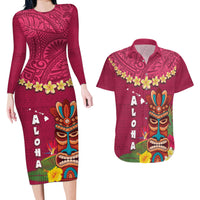 Hawaii Plumeria Lei Couples Matching Long Sleeve Bodycon Dress and Hawaiian Shirt Tiki and Kakau Pattern Pink Color LT03 Pink - Polynesian Pride