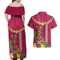 Hawaii Plumeria Lei Couples Matching Off Shoulder Maxi Dress and Hawaiian Shirt Tiki and Kakau Pattern Pink Color LT03 - Polynesian Pride