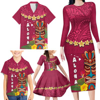 Hawaii Plumeria Lei Family Matching Long Sleeve Bodycon Dress and Hawaiian Shirt Tiki and Kakau Pattern Pink Color LT03 - Polynesian Pride