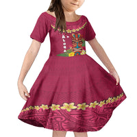 Hawaii Plumeria Lei Family Matching Off The Shoulder Long Sleeve Dress and Hawaiian Shirt Tiki and Kakau Pattern Pink Color LT03 Daughter's Dress Pink - Polynesian Pride