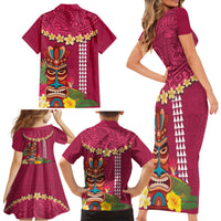 Hawaii Plumeria Lei Family Matching Short Sleeve Bodycon Dress and Hawaiian Shirt Tiki and Kakau Pattern Pink Color LT03 - Polynesian Pride