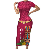 Hawaii Plumeria Lei Family Matching Short Sleeve Bodycon Dress and Hawaiian Shirt Tiki and Kakau Pattern Pink Color LT03 Mom's Dress Pink - Polynesian Pride
