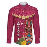 Hawaii Plumeria Lei Family Matching Tank Maxi Dress and Hawaiian Shirt Tiki and Kakau Pattern Pink Color LT03 Dad's Shirt - Long Sleeve Pink - Polynesian Pride