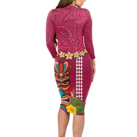 Hawaii Plumeria Lei Long Sleeve Bodycon Dress Tiki and Kakau Pattern Pink Color LT03 - Polynesian Pride