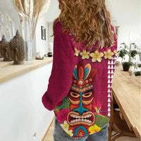 Hawaii Plumeria Lei Women Casual Shirt Tiki and Kakau Pattern Pink Color LT03 - Polynesian Pride