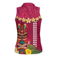 Hawaii Plumeria Lei Women Sleeveless Polo Shirt Tiki and Kakau Pattern Pink Color LT03 - Polynesian Pride