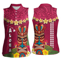 Hawaii Plumeria Lei Women Sleeveless Polo Shirt Tiki and Kakau Pattern Pink Color LT03 - Polynesian Pride