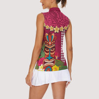 Hawaii Plumeria Lei Women Sleeveless Polo Shirt Tiki and Kakau Pattern Pink Color LT03 - Polynesian Pride