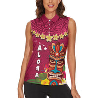 Hawaii Plumeria Lei Women Sleeveless Polo Shirt Tiki and Kakau Pattern Pink Color LT03 - Polynesian Pride