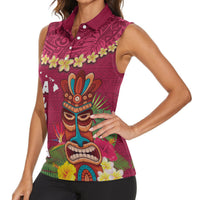 Hawaii Plumeria Lei Women Sleeveless Polo Shirt Tiki and Kakau Pattern Pink Color LT03 - Polynesian Pride