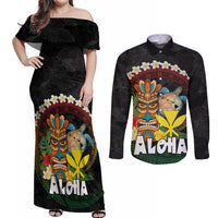 Aloha Hawaii Couples Matching Off Shoulder Maxi Dress and Long Sleeve Button Shirt Kanaka Maoli with Polynesian Spiral Plumeria LT03 Black - Polynesian Pride