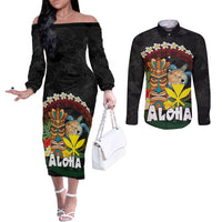 Aloha Hawaii Couples Matching Off The Shoulder Long Sleeve Dress and Long Sleeve Button Shirt Kanaka Maoli with Polynesian Spiral Plumeria LT03 Black - Polynesian Pride