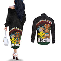 Aloha Hawaii Couples Matching Off The Shoulder Long Sleeve Dress and Long Sleeve Button Shirt Kanaka Maoli with Polynesian Spiral Plumeria LT03 - Polynesian Pride