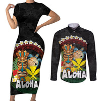 Aloha Hawaii Couples Matching Short Sleeve Bodycon Dress and Long Sleeve Button Shirt Kanaka Maoli with Polynesian Spiral Plumeria LT03 Black - Polynesian Pride