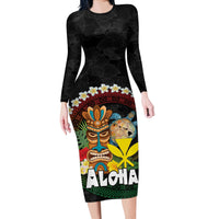 Aloha Hawaii Long Sleeve Bodycon Dress Kanaka Maoli with Polynesian Spiral Plumeria LT03 Long Dress Black - Polynesian Pride