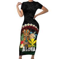 Aloha Hawaii Short Sleeve Bodycon Dress Kanaka Maoli with Polynesian Spiral Plumeria LT03 Long Dress Black - Polynesian Pride