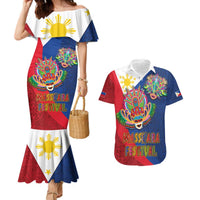 Philippines MassKara Couples Matching Mermaid Dress and Hawaiian Shirt Filipino Carnival Mask and Polynesian Pattern LT03 Blue - Polynesian Pride