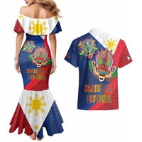Philippines MassKara Couples Matching Mermaid Dress and Hawaiian Shirt Filipino Carnival Mask and Polynesian Pattern LT03 - Polynesian Pride