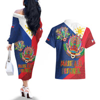 Philippines MassKara Couples Matching Off The Shoulder Long Sleeve Dress and Hawaiian Shirt Filipino Carnival Mask and Polynesian Pattern LT03 - Polynesian Pride
