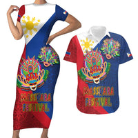 Philippines MassKara Couples Matching Short Sleeve Bodycon Dress and Hawaiian Shirt Filipino Carnival Mask and Polynesian Pattern LT03 Blue - Polynesian Pride