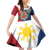 Philippines MassKara Family Matching Off Shoulder Short Dress and Hawaiian Shirt Filipino Carnival Mask and Polynesian Pattern LT03 Daughter's Dress Blue - Polynesian Pride