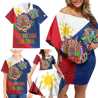 Philippines MassKara Family Matching Off Shoulder Short Dress and Hawaiian Shirt Filipino Carnival Mask and Polynesian Pattern LT03 - Polynesian Pride