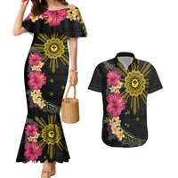Hawaii and Philippines Together Couples Matching Mermaid Dress and Hawaiian Shirt Hibiscus Flower and Sun Badge Polynesian Pattern Coloful LT03 Black - Polynesian Pride