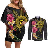 Hawaii and Philippines Together Couples Matching Off Shoulder Short Dress and Long Sleeve Button Shirt Hibiscus Flower and Sun Badge Polynesian Pattern Coloful LT03 Black - Polynesian Pride