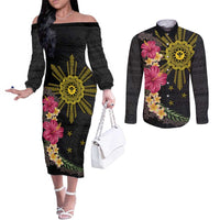 Hawaii and Philippines Together Couples Matching Off The Shoulder Long Sleeve Dress and Long Sleeve Button Shirt Hibiscus Flower and Sun Badge Polynesian Pattern Coloful LT03 Black - Polynesian Pride