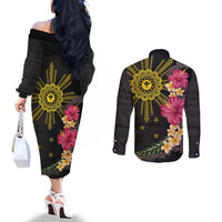 Hawaii and Philippines Together Couples Matching Off The Shoulder Long Sleeve Dress and Long Sleeve Button Shirt Hibiscus Flower and Sun Badge Polynesian Pattern Coloful LT03 - Polynesian Pride