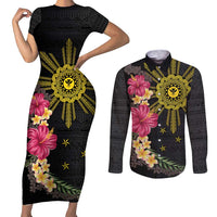 Hawaii and Philippines Together Couples Matching Short Sleeve Bodycon Dress and Long Sleeve Button Shirt Hibiscus Flower and Sun Badge Polynesian Pattern Coloful LT03 Black - Polynesian Pride