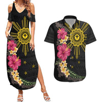 Hawaii and Philippines Together Couples Matching Summer Maxi Dress and Hawaiian Shirt Hibiscus Flower and Sun Badge Polynesian Pattern Coloful LT03 Black - Polynesian Pride