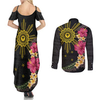 Hawaii and Philippines Together Couples Matching Summer Maxi Dress and Long Sleeve Button Shirt Hibiscus Flower and Sun Badge Polynesian Pattern Coloful LT03 - Polynesian Pride