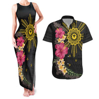 Hawaii and Philippines Together Couples Matching Tank Maxi Dress and Hawaiian Shirt Hibiscus Flower and Sun Badge Polynesian Pattern Coloful LT03 Black - Polynesian Pride