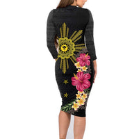 Hawaii and Philippines Together Family Matching Long Sleeve Bodycon Dress and Hawaiian Shirt Hibiscus Flower and Sun Badge Polynesian Pattern Coloful LT03 - Polynesian Pride