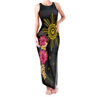 Hawaii and Philippines Together Family Matching Tank Maxi Dress and Hawaiian Shirt Hibiscus Flower and Sun Badge Polynesian Pattern Coloful LT03 Mom's Dress Black - Polynesian Pride