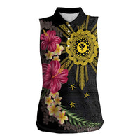 Hawaii and Philippines Together Women Sleeveless Polo Shirt Hibiscus Flower and Sun Badge Polynesian Pattern Coloful LT03 Female Black - Polynesian Pride