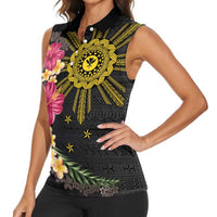 Hawaii and Philippines Together Women Sleeveless Polo Shirt Hibiscus Flower and Sun Badge Polynesian Pattern Coloful LT03 - Polynesian Pride