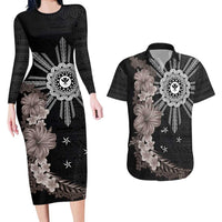 Hawaii and Philippines Together Couples Matching Long Sleeve Bodycon Dress and Hawaiian Shirt Hibiscus Flower and Sun Badge Polynesian Pattern Grayscale LT03 Black - Polynesian Pride